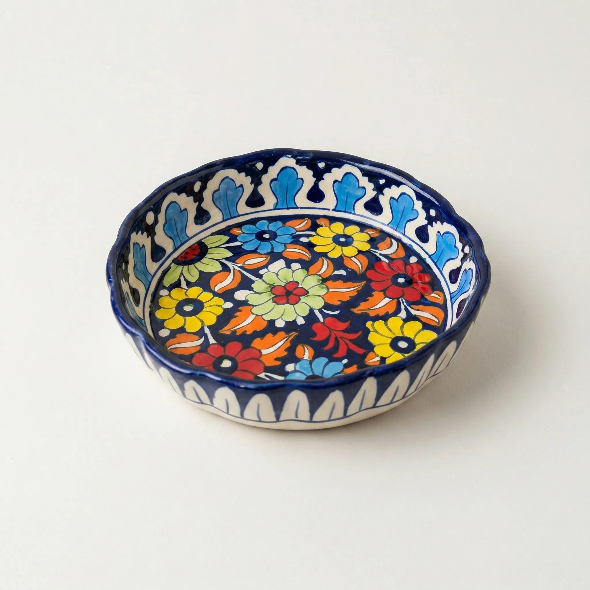 Multani Blue Pottery Apple Pie Dish – Handcrafted 8 Inch Ceramic Serving Dish with Multicolor Floral Design (2 Inch Deep)