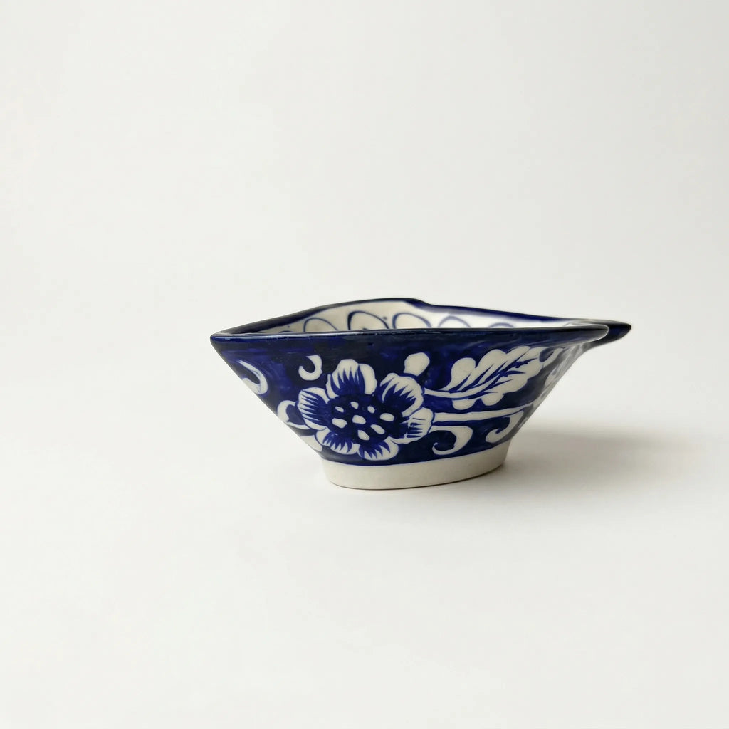 Blue Pottery Fish-Shaped Bowl - Cream Center with Blue Spirals