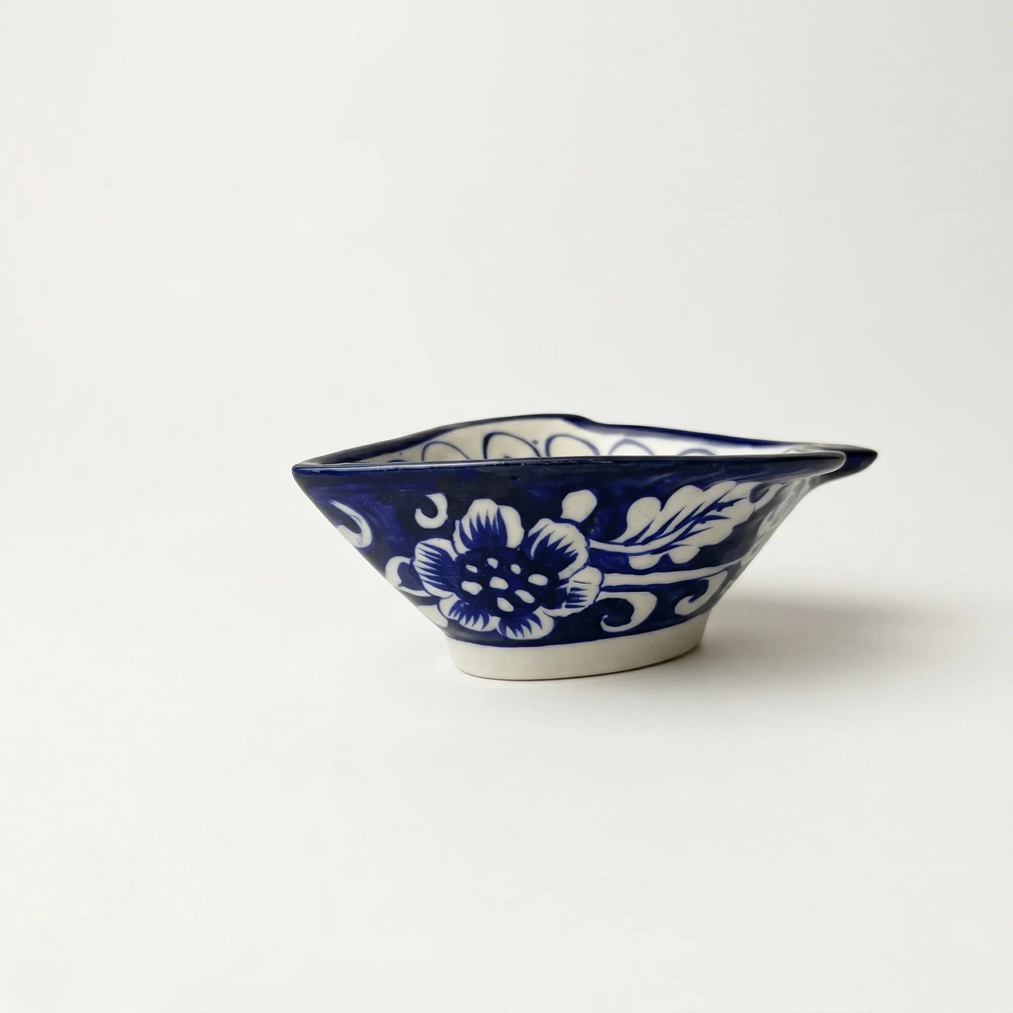 Blue Pottery Fish-Shaped Bowl - Cream Center with Blue Spirals