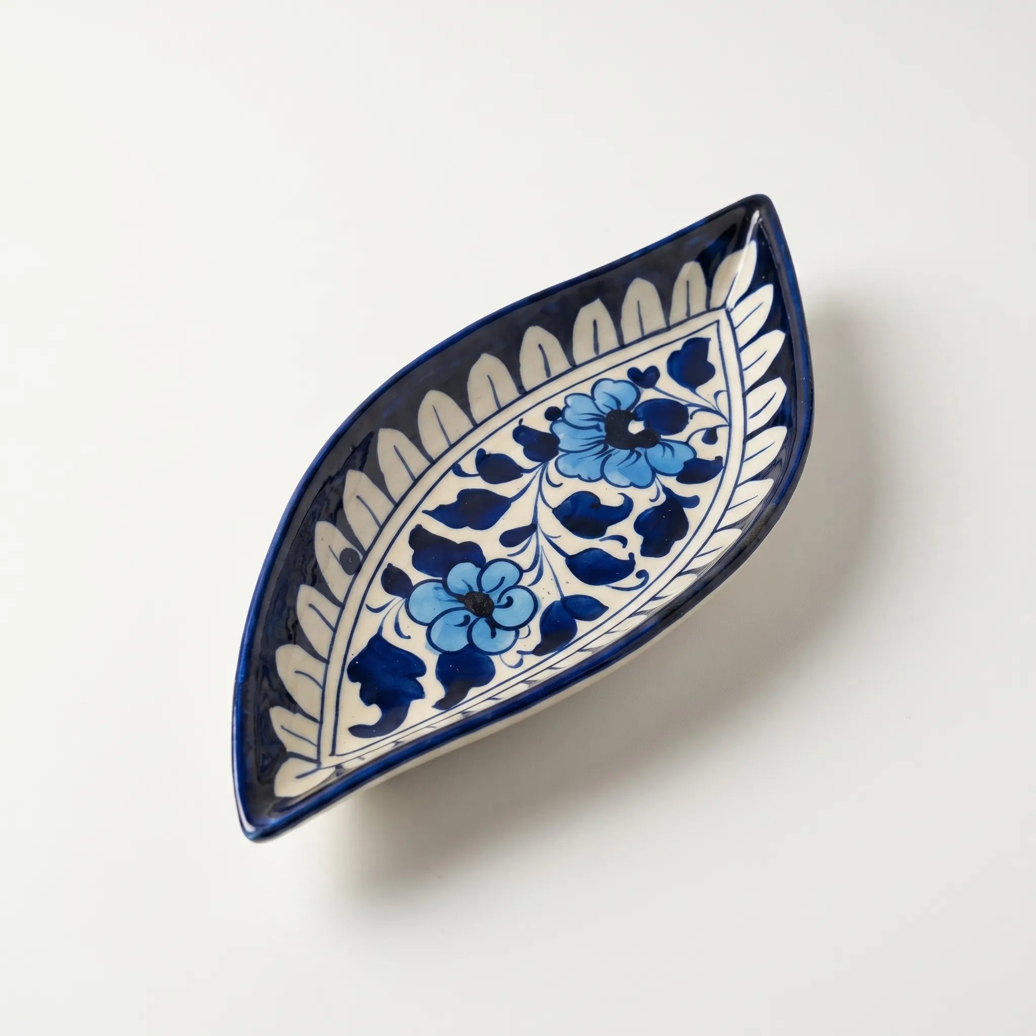 Multani Blue Pottery Boat Shaped Serving Dish – Hand-Painted Ceramic Snack Dish (9 Inch)