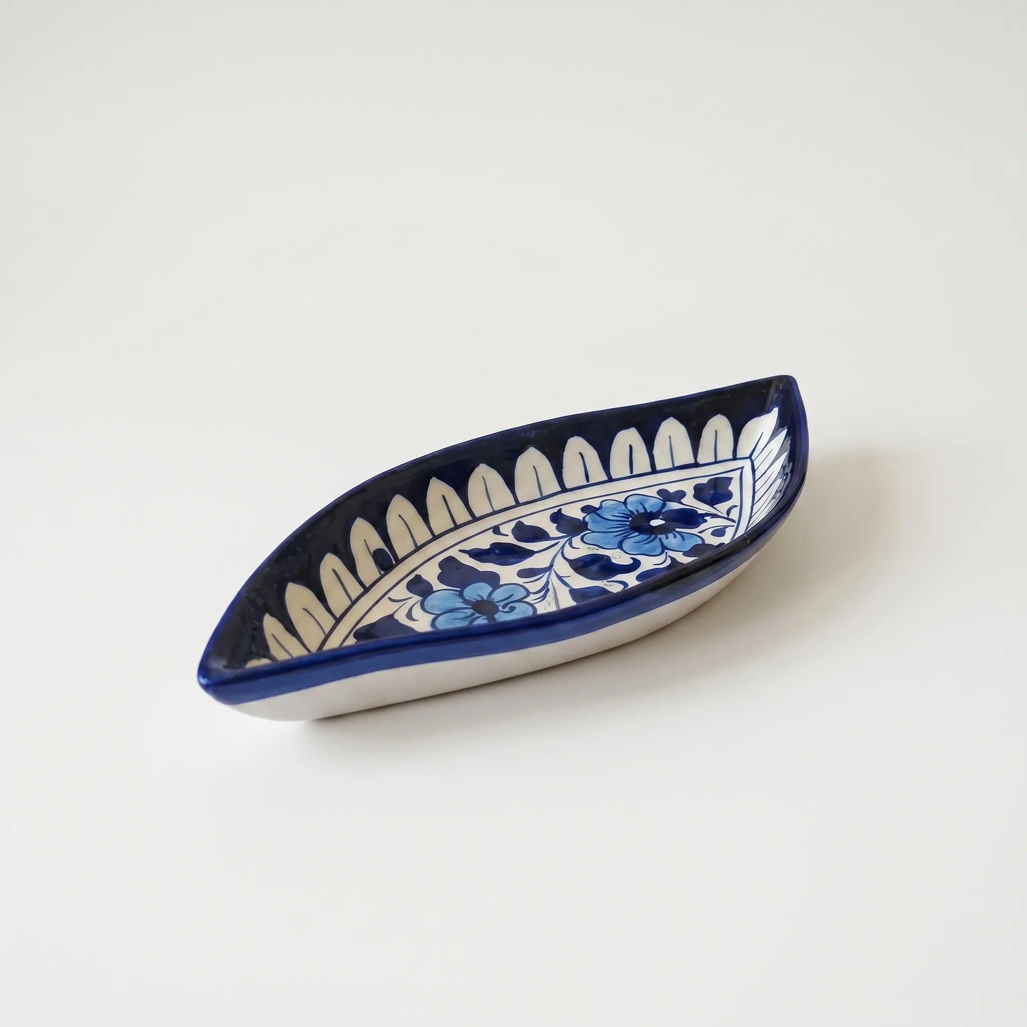 Multani Blue Pottery Boat Shaped Serving Dish – Hand-Painted Ceramic Snack Dish (9 Inch)