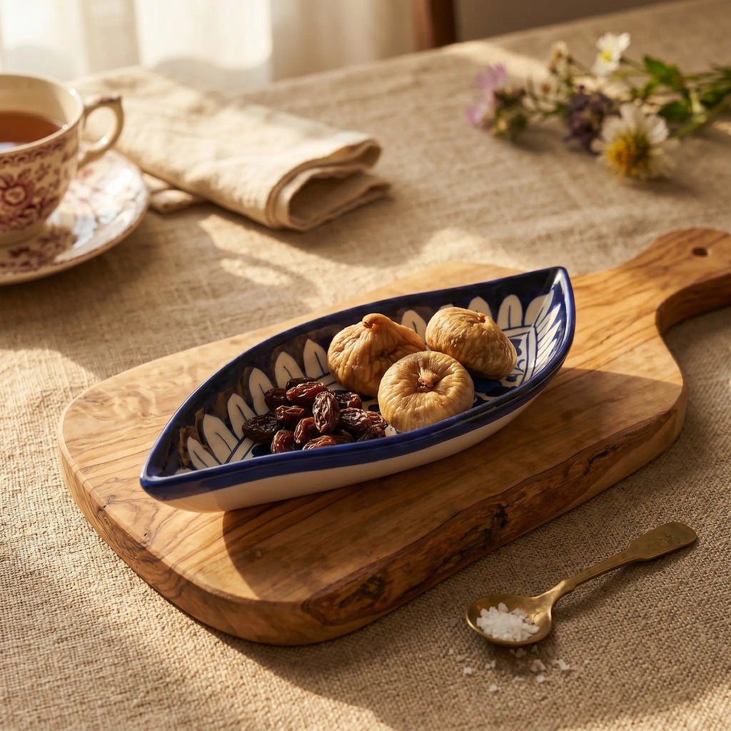 Multani Blue Pottery Boat Shaped Serving Dish – Hand-Painted Ceramic Snack Dish (9 Inch)
