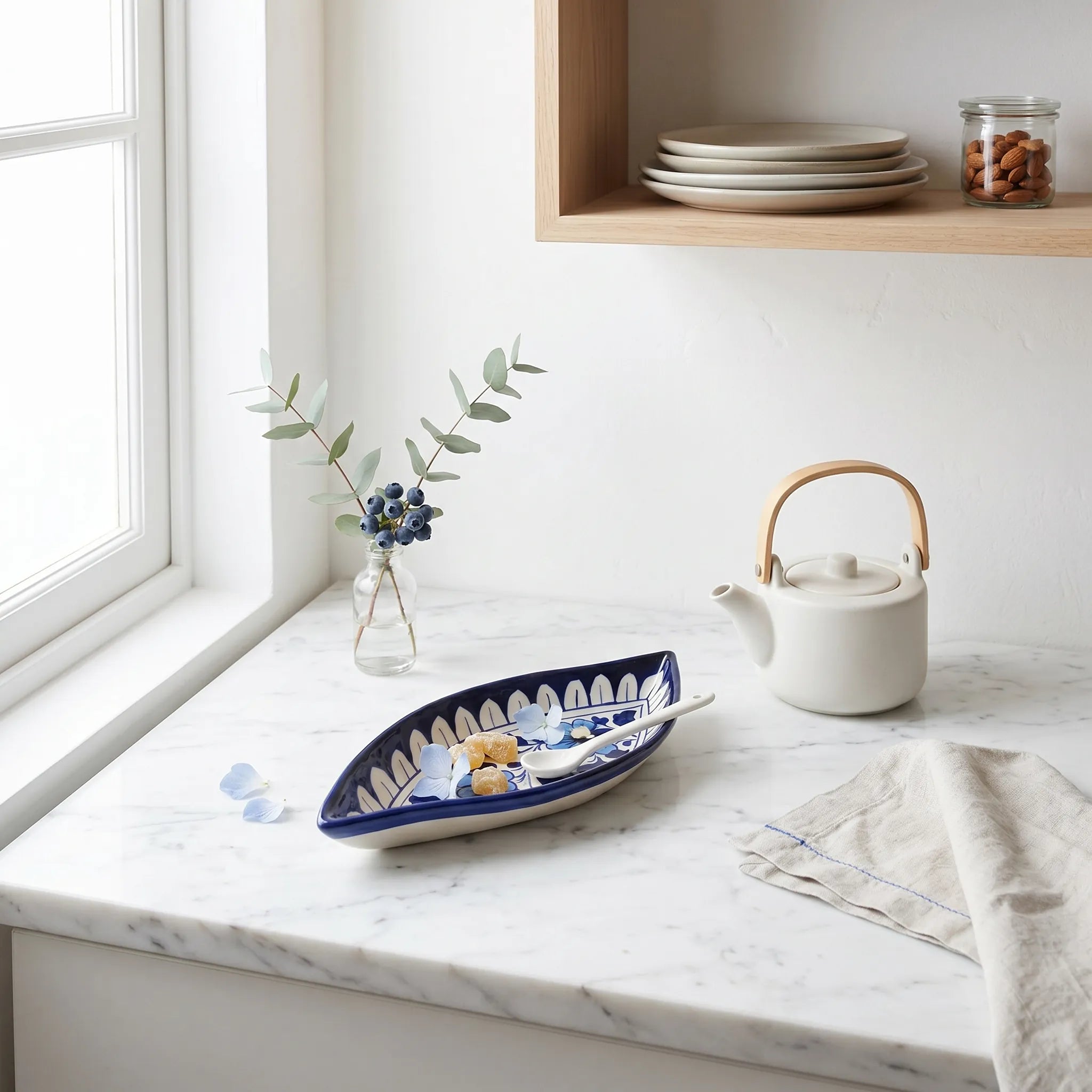 Multani Blue Pottery Boat Shaped Serving Dish – Hand-Painted Ceramic Snack Dish (9 Inch)