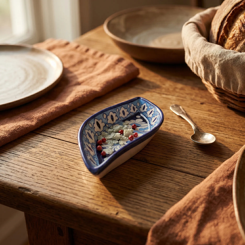 Multani Blue Pottery Boat Shaped Serving Dish – Hand-Painted Ceramic Snack Dish (9 Inch, Floral Border)