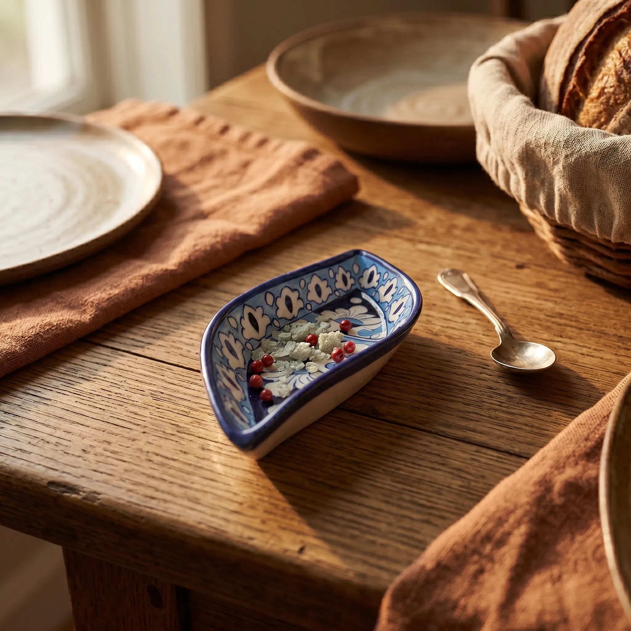 Multani Blue Pottery Boat Shaped Serving Dish – Hand-Painted Ceramic Snack Dish (9 Inch, Floral Border)