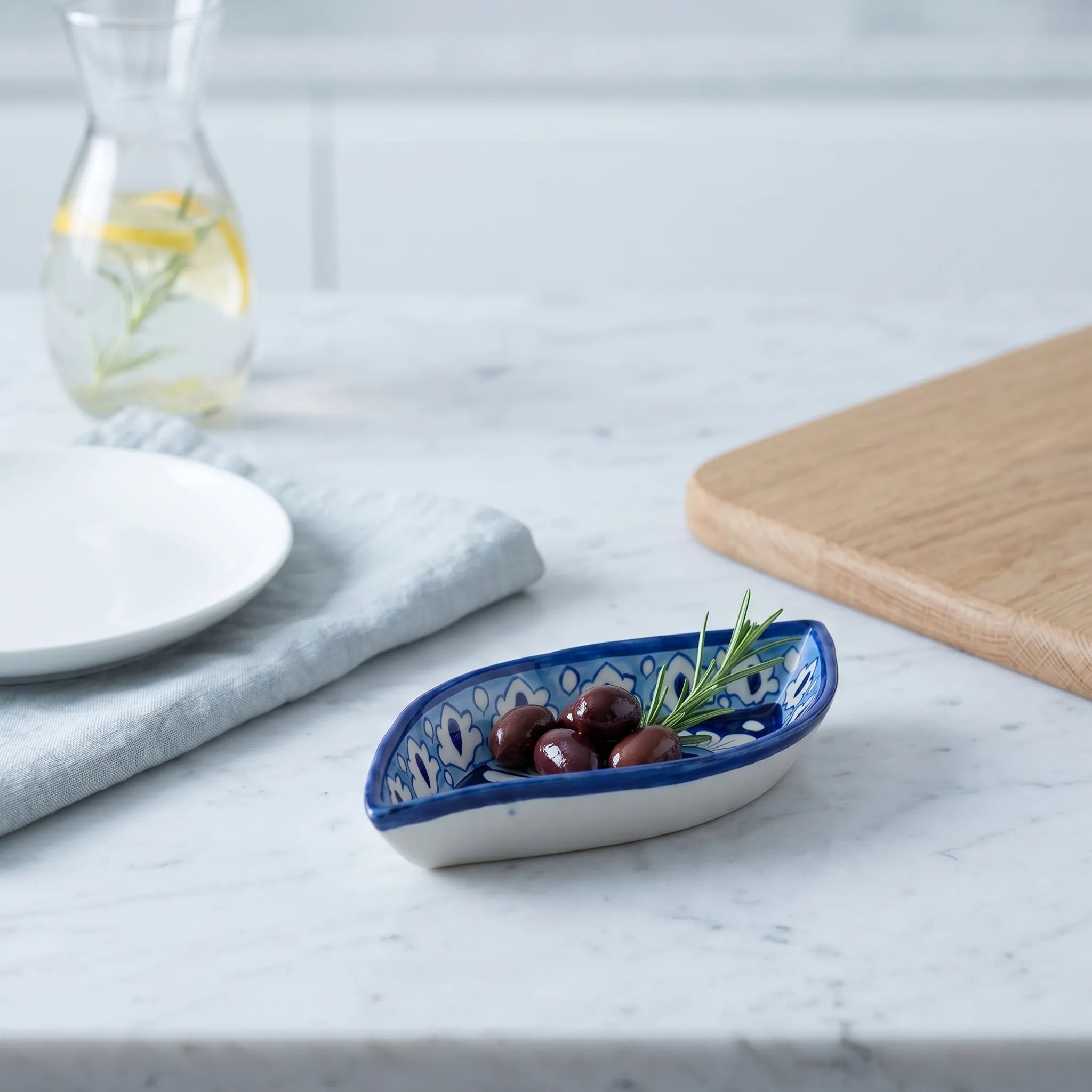 Multani Blue Pottery Boat Shaped Serving Dish – Hand-Painted Ceramic Snack Dish (9 Inch, Floral Border)
