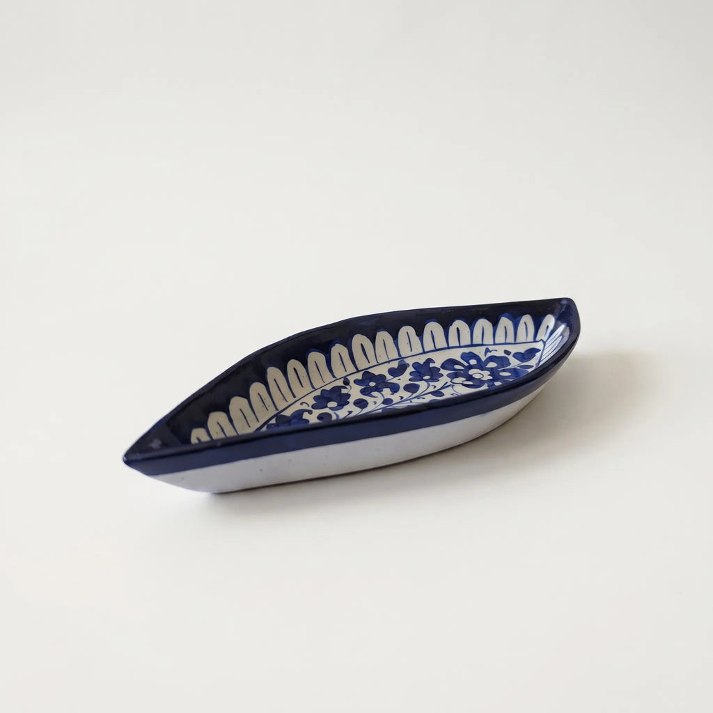 Multani Blue Pottery Boat Shaped Serving Dish – Hand-Painted Floral Vine Ceramic Dish (9 Inch)