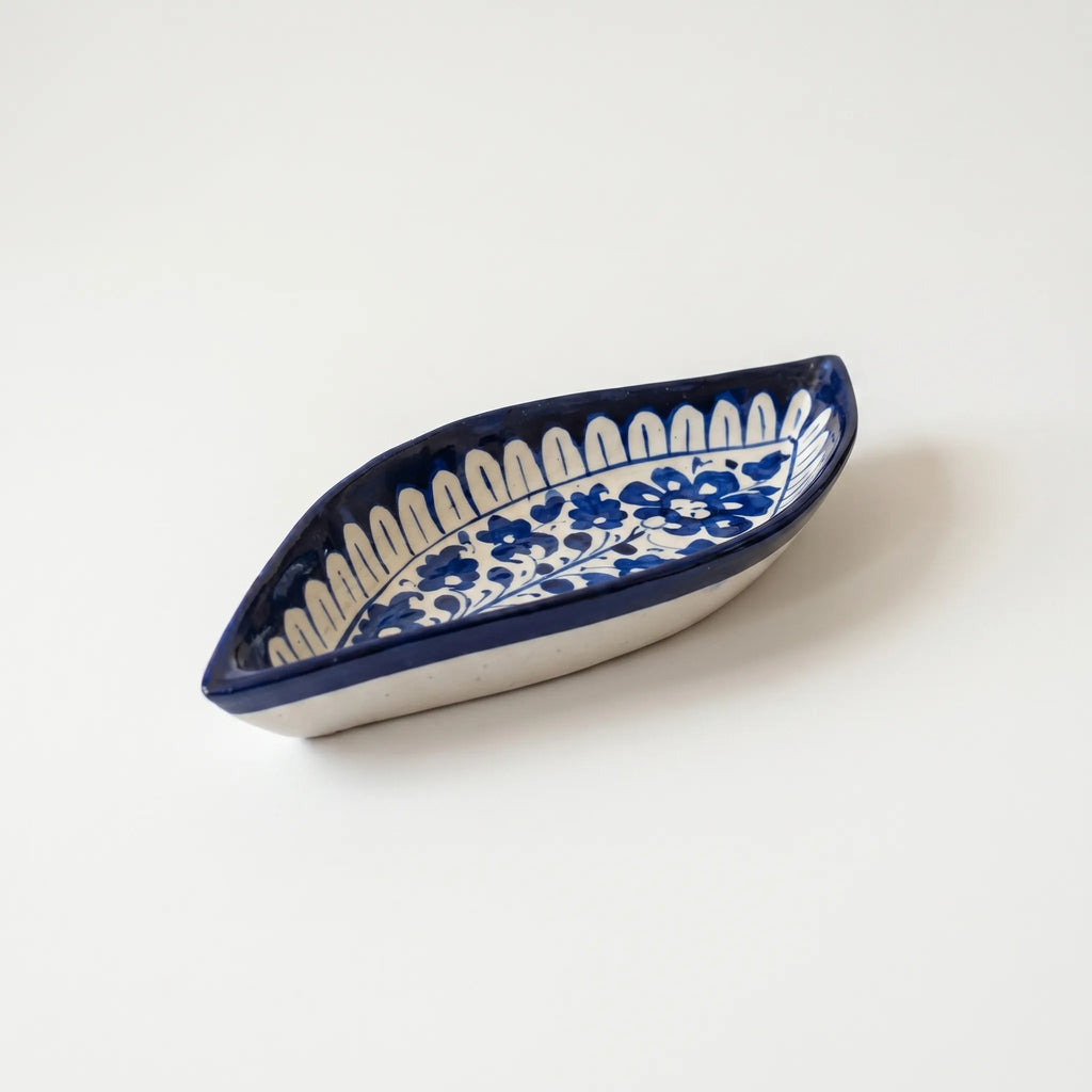 Multani Blue Pottery Boat Shaped Serving Dish – Hand-Painted Floral Vine Ceramic Dish (9 Inch)