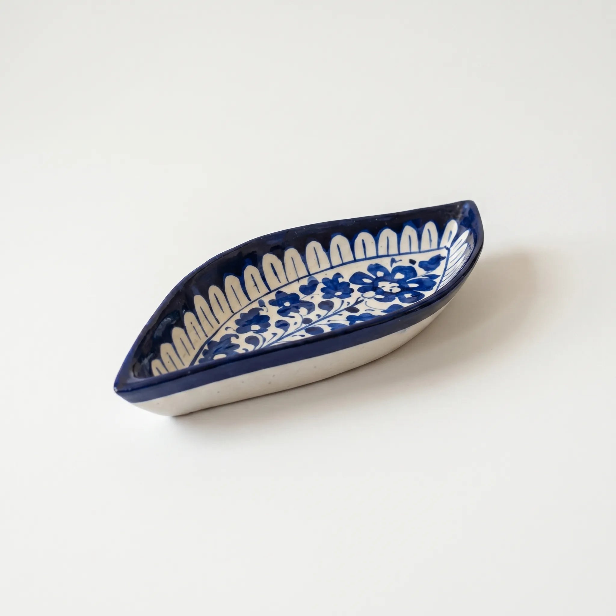 Multani Blue Pottery Boat Shaped Serving Dish – Hand-Painted Floral Vine Ceramic Dish (9 Inch)