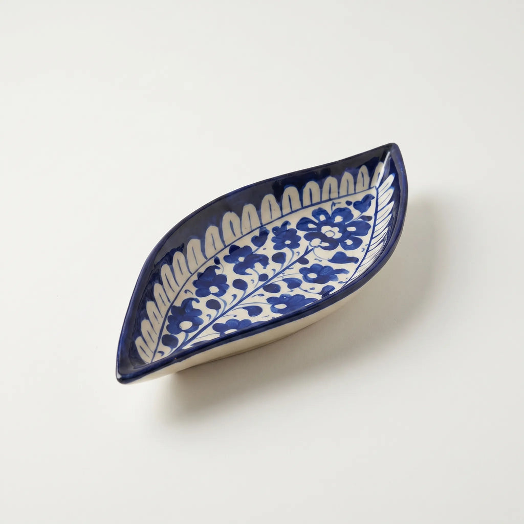 Multani Blue Pottery Boat Shaped Serving Dish – Hand-Painted Floral Vine Ceramic Dish (9 Inch)