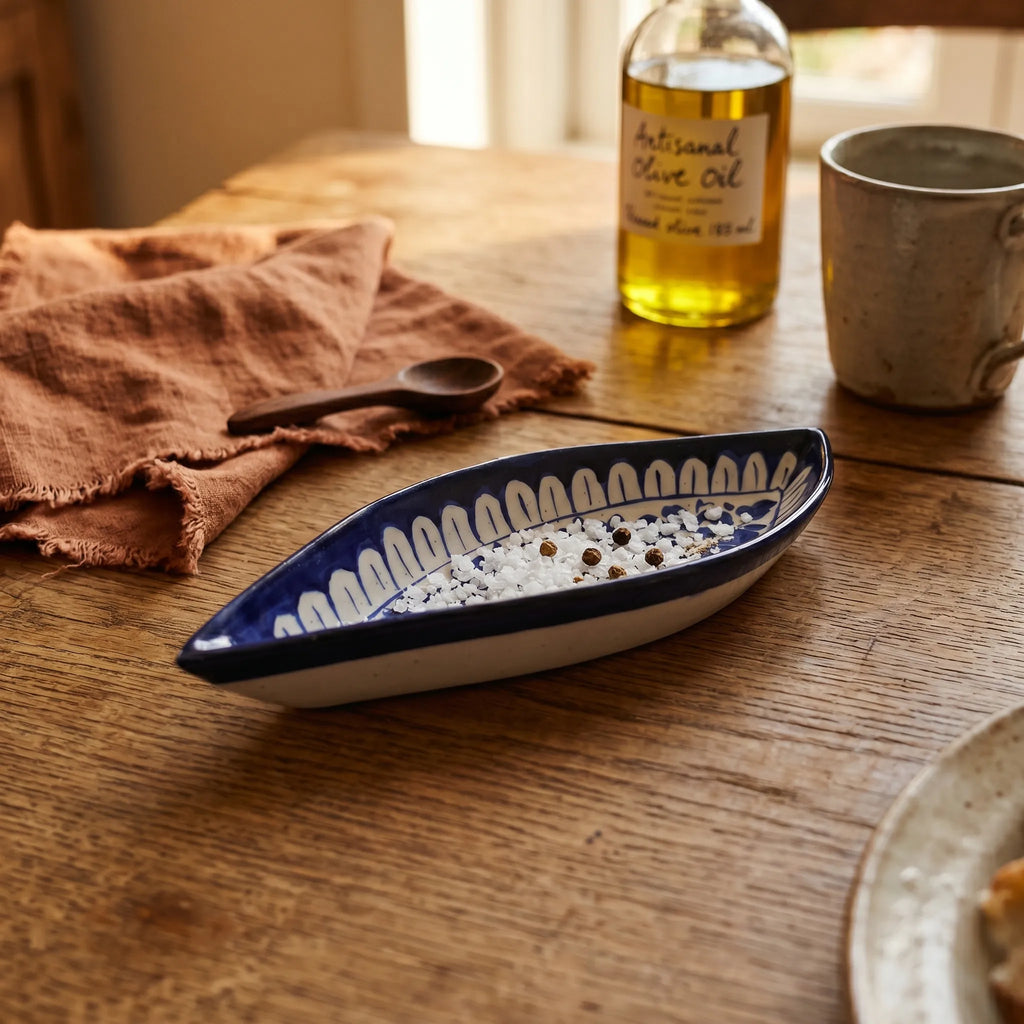 Multani Blue Pottery Boat Shaped Serving Dish – Hand-Painted Floral Vine Ceramic Dish (9 Inch)
