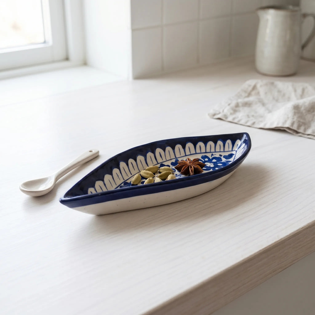 Multani Blue Pottery Boat Shaped Serving Dish – Hand-Painted Floral Vine Ceramic Dish (9 Inch)