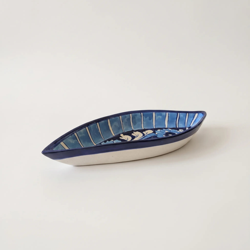 Multani Blue Pottery Boat Shaped Serving Dish – Hand-Painted Striped Floral Ceramic Dish (9 Inch)