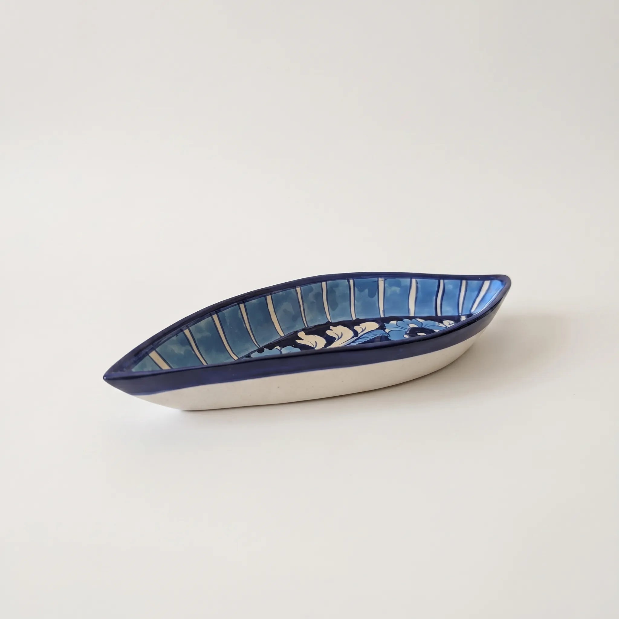 Multani Blue Pottery Boat Shaped Serving Dish – Hand-Painted Striped Floral Ceramic Dish (9 Inch)