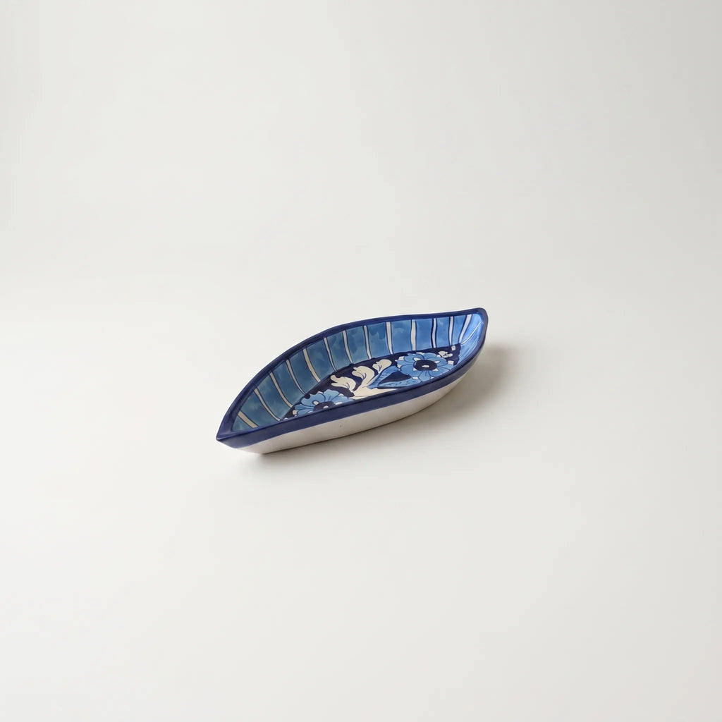 Multani Blue Pottery Boat Shaped Serving Dish – Hand-Painted Striped Floral Ceramic Dish (9 Inch)