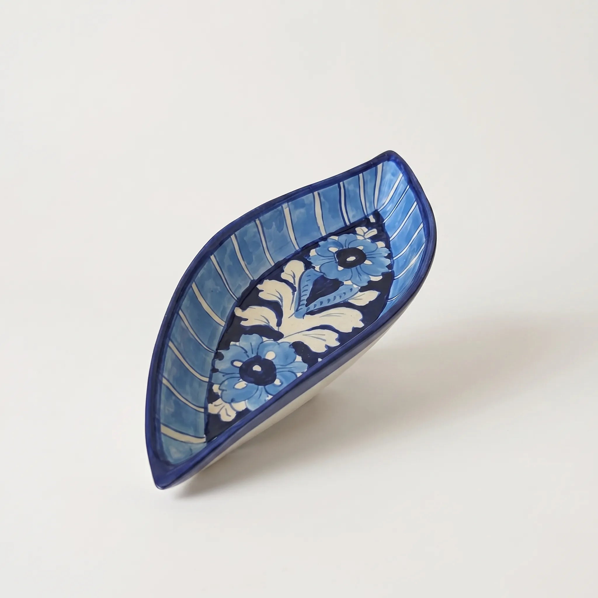 Multani Blue Pottery Boat Shaped Serving Dish – Hand-Painted Striped Floral Ceramic Dish (9 Inch)