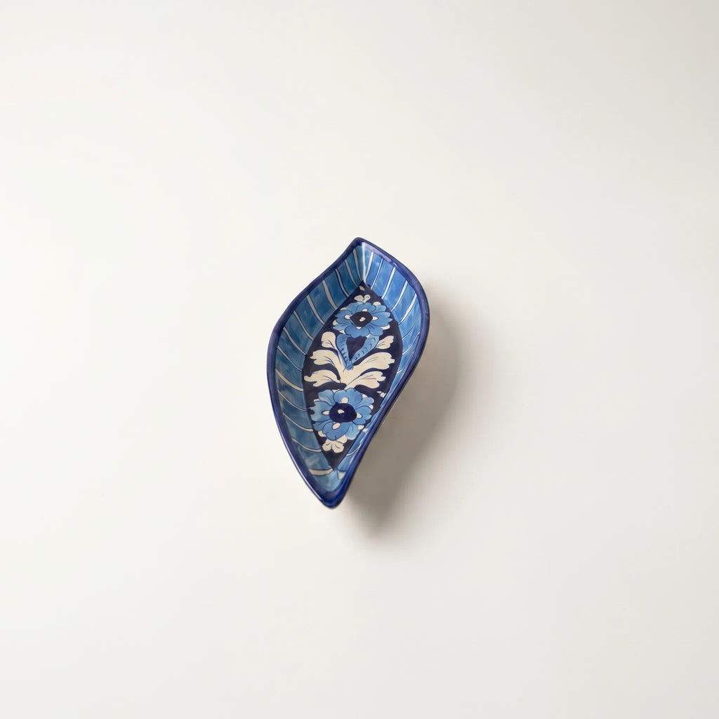 Multani Blue Pottery Boat Shaped Serving Dish – Hand-Painted Striped Floral Ceramic Dish (9 Inch)