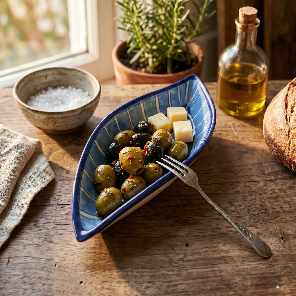 Multani Blue Pottery Boat Shaped Serving Dish – Hand-Painted Striped Floral Ceramic Dish (9 Inch)