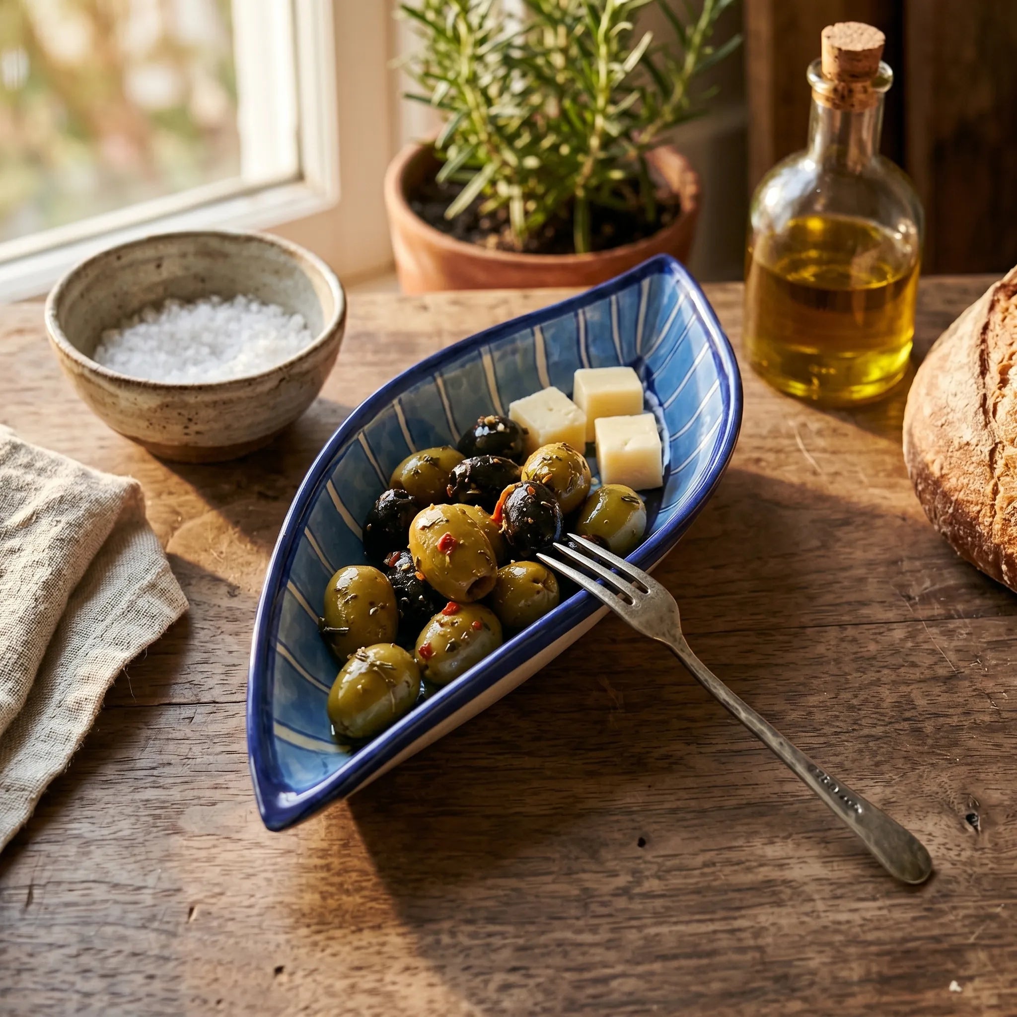 Multani Blue Pottery Boat Shaped Serving Dish – Hand-Painted Striped Floral Ceramic Dish (9 Inch)