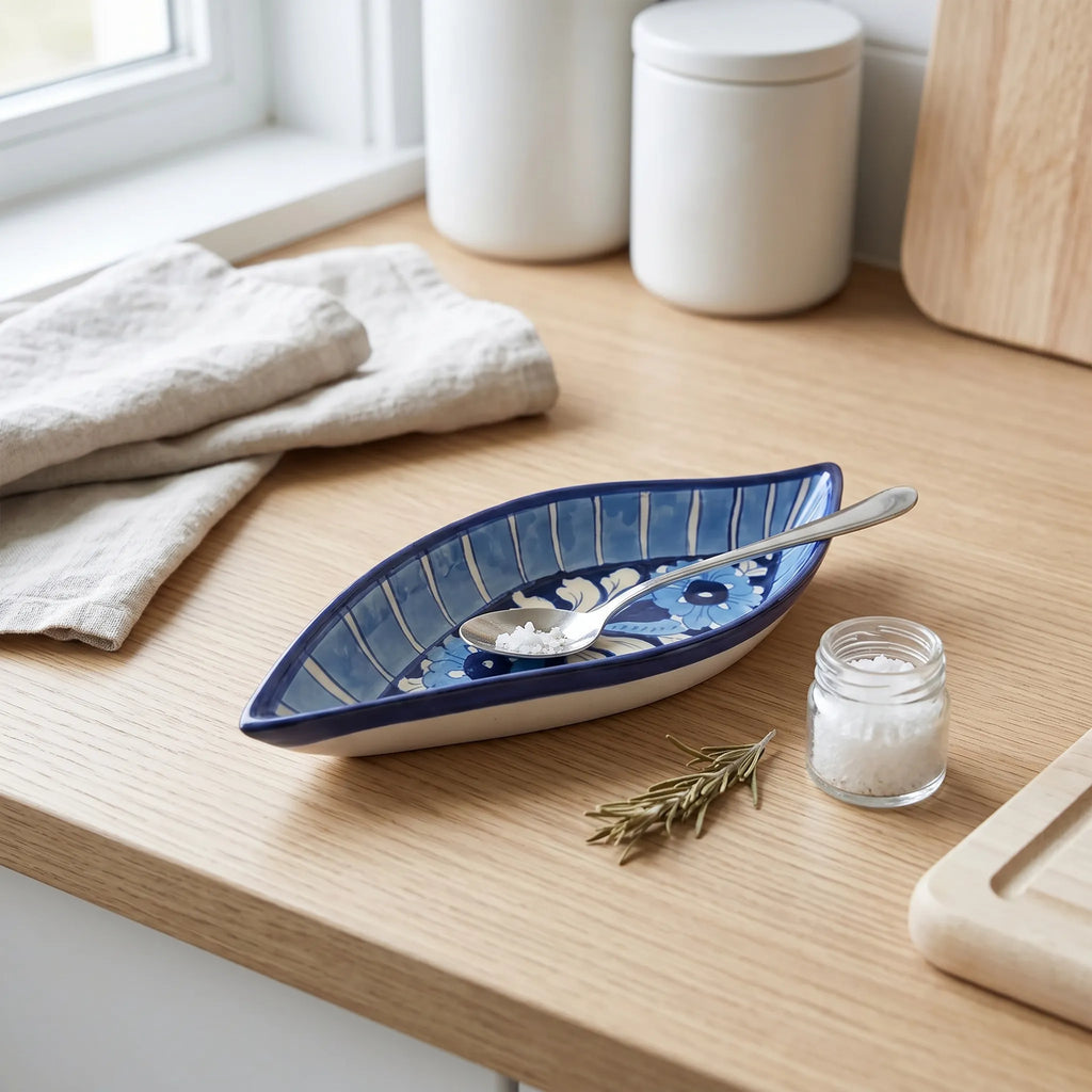 Multani Blue Pottery Boat Shaped Serving Dish – Hand-Painted Striped Floral Ceramic Dish (9 Inch)