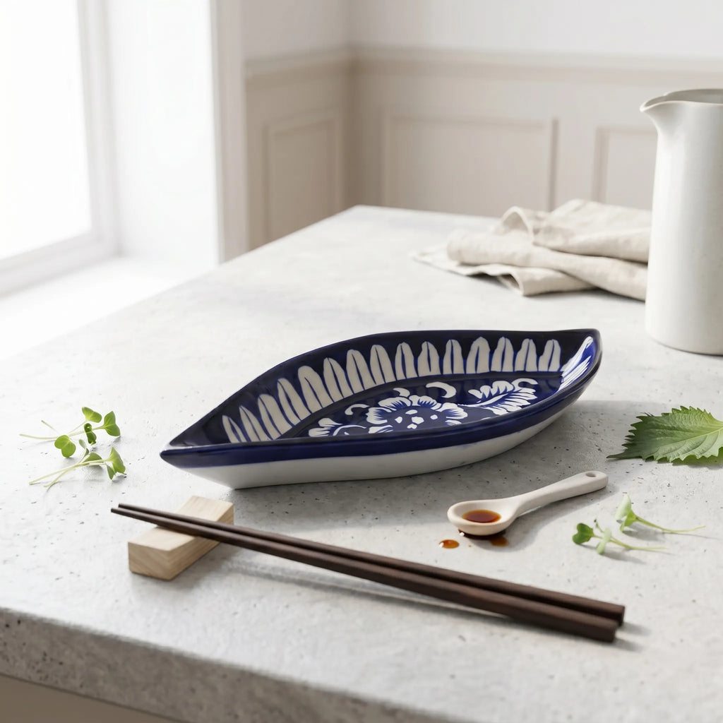 Multani Blue Pottery Boat Shaped Serving Dish – Hand-Painted Monochrome Floral Ceramic Dish (9 Inch)