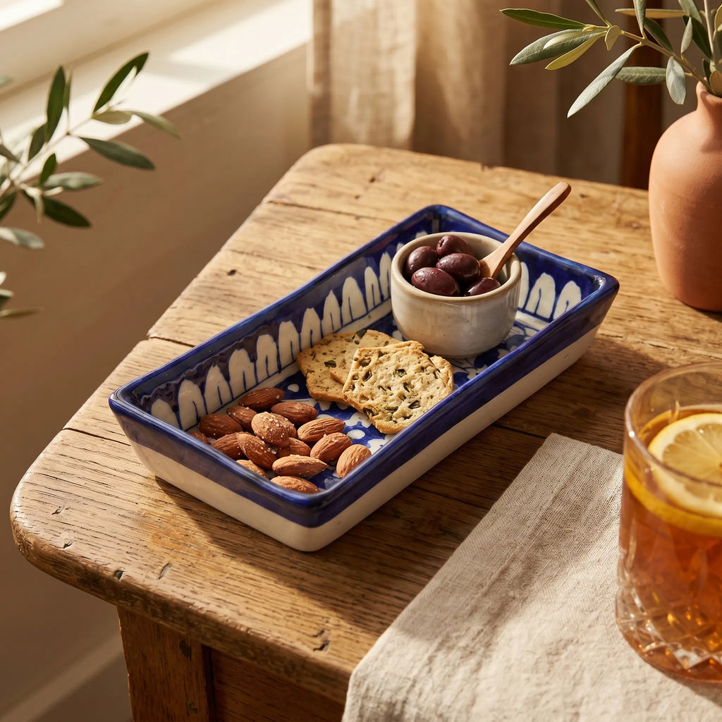 Multani Blue Pottery Rectangular Serving Dish – Hand-Painted Ceramic Snack Tray (8 Inch)
