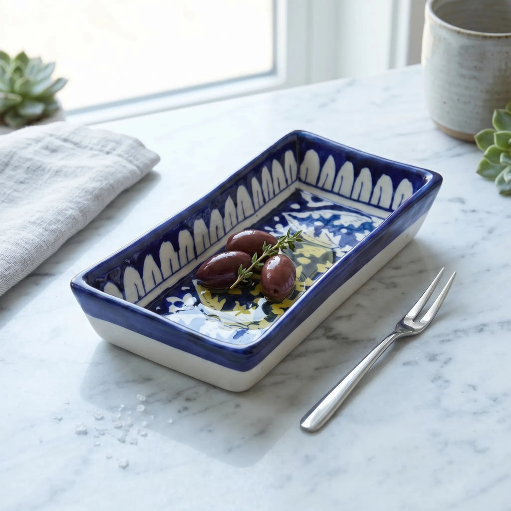Multani Blue Pottery Rectangular Serving Dish – Hand-Painted Ceramic Snack Tray (8 Inch)