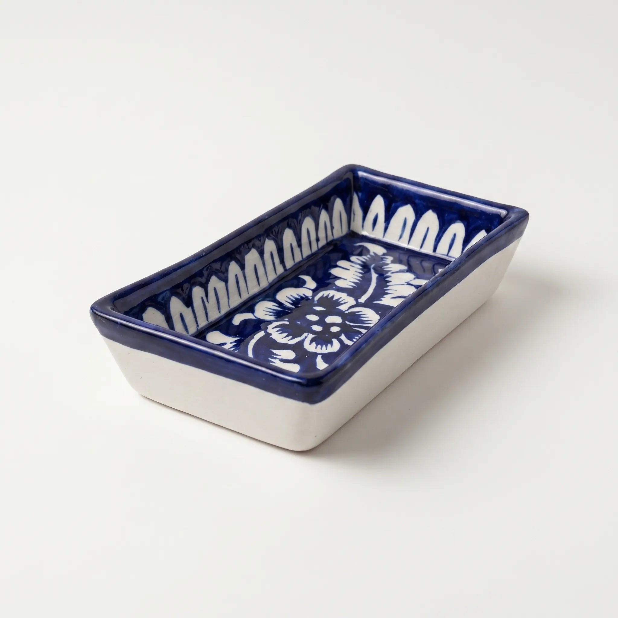 Multani Blue Pottery Rectangular Serving Dish – Hand-Painted Deep Blue Floral Ceramic Snack Tray (8 Inch)