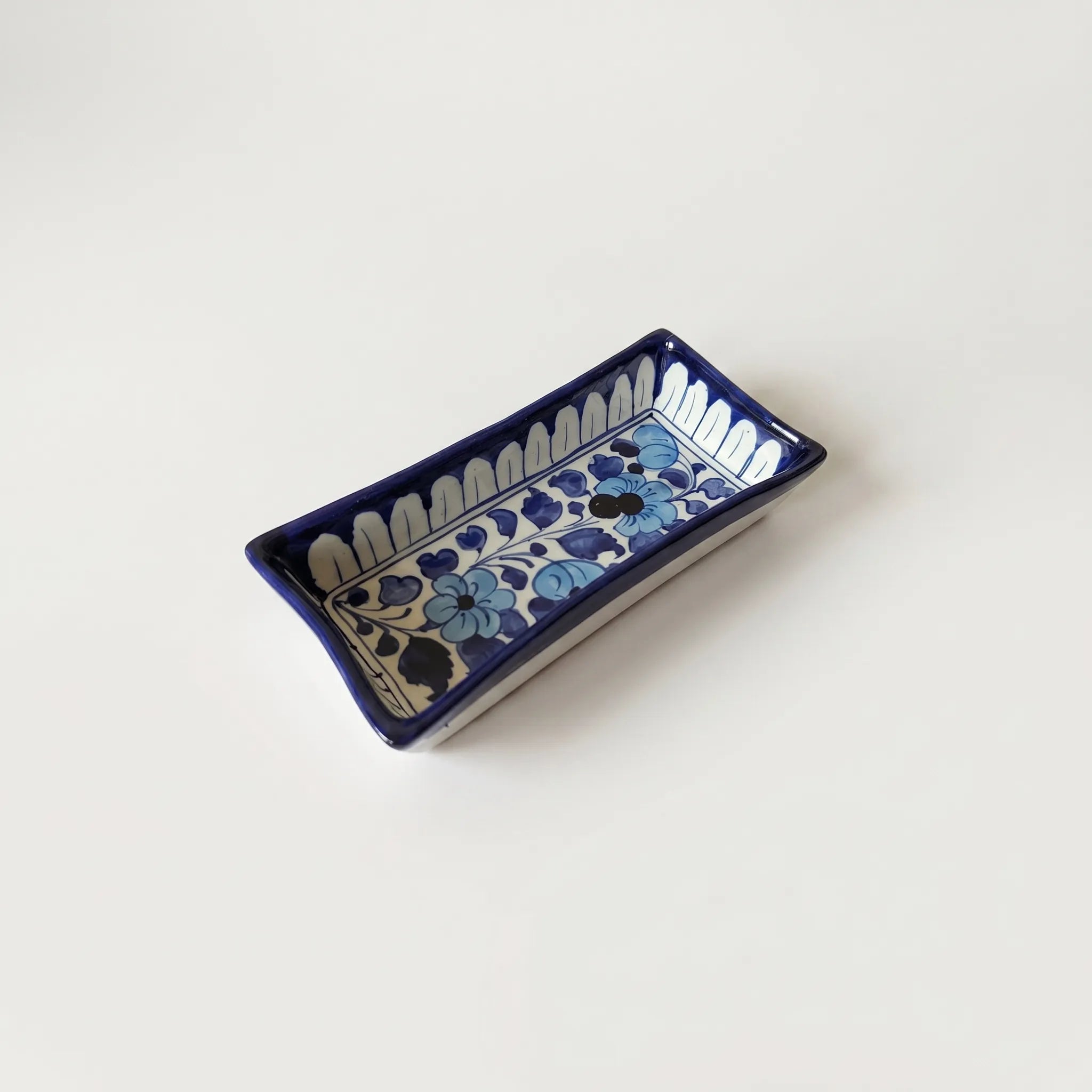 Multani Blue Pottery Rectangular Serving Dish – Hand-Painted Floral Ceramic Snack Tray (8 Inch)