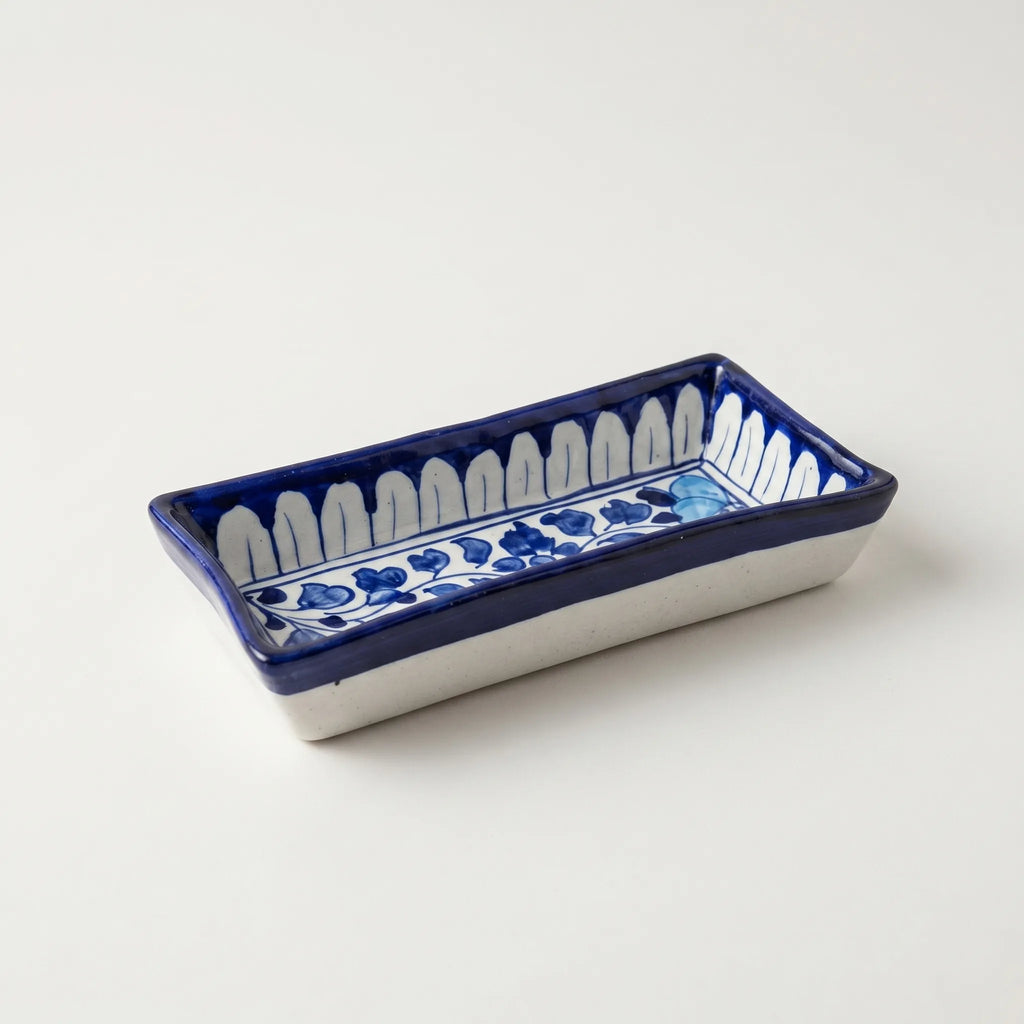 Multani Blue Pottery Rectangular Serving Dish – Hand-Painted Floral Ceramic Snack Tray (8 Inch)