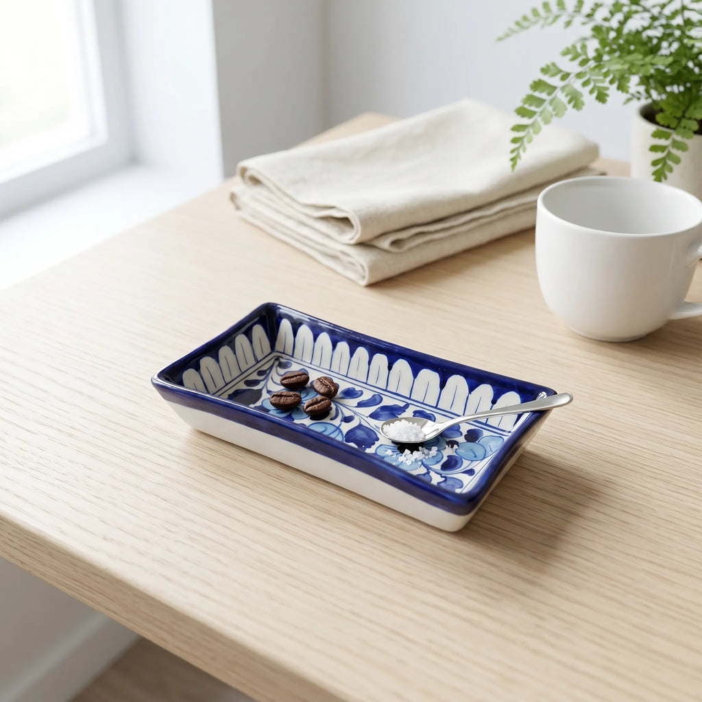Multani Blue Pottery Rectangular Serving Dish – Hand-Painted Floral Ceramic Snack Tray (8 Inch)