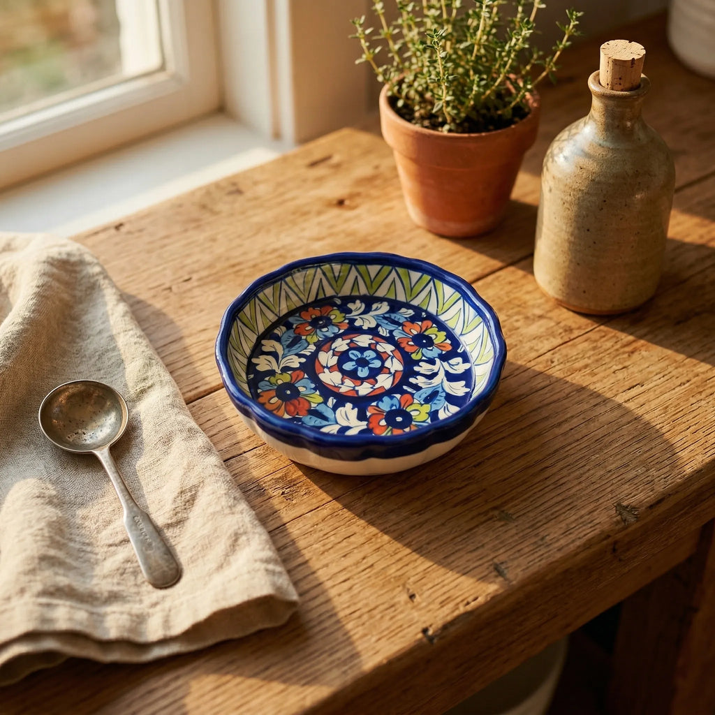 Multani Blue Pottery Apple Pie Dish – Handcrafted 8 Inch Ceramic Serving Dish with Geometric Floral Design (2 Inch Deep)