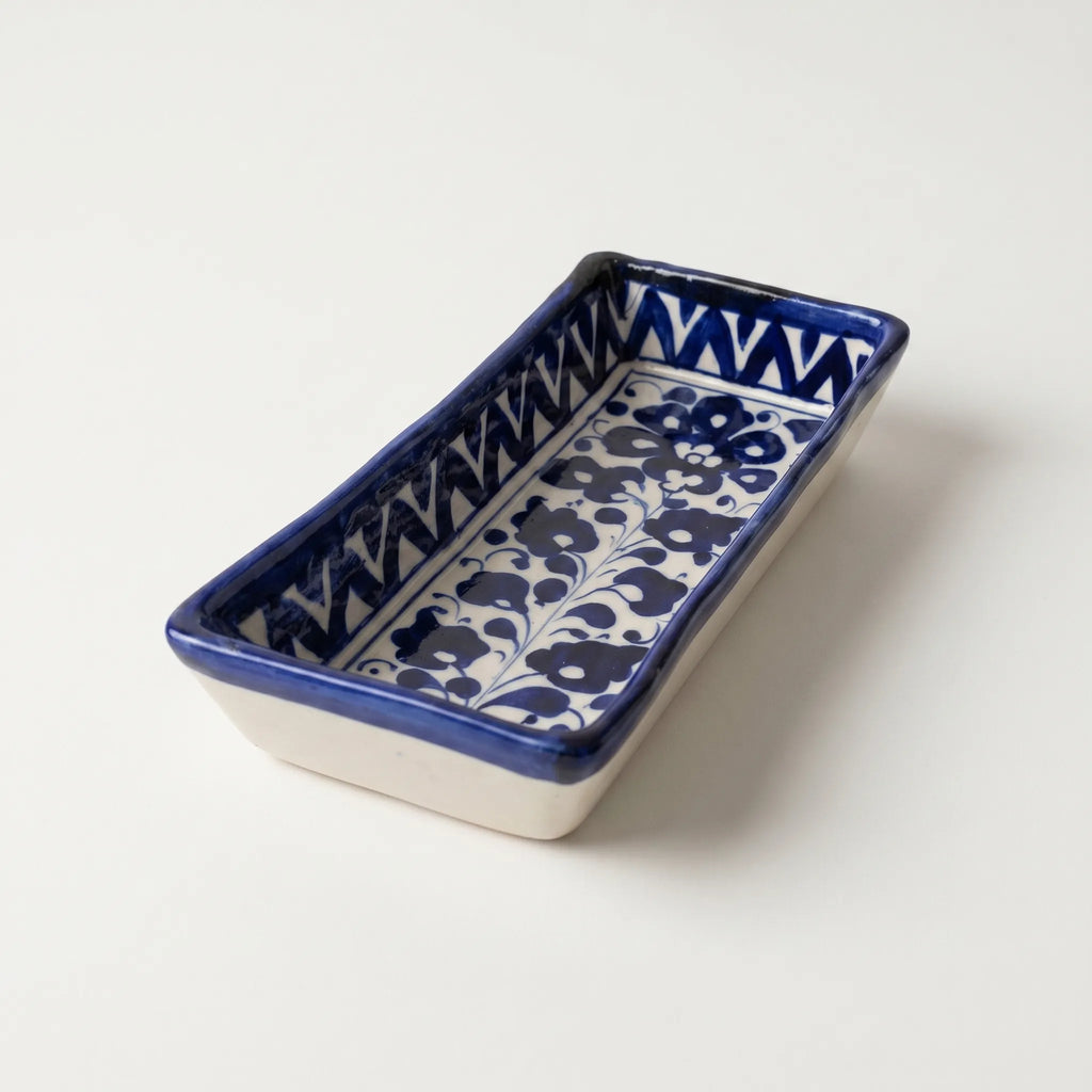 Multani Blue Pottery Rectangular Serving Dish – Hand-Painted Floral Snack Tray with Geometric Border (8 Inch)