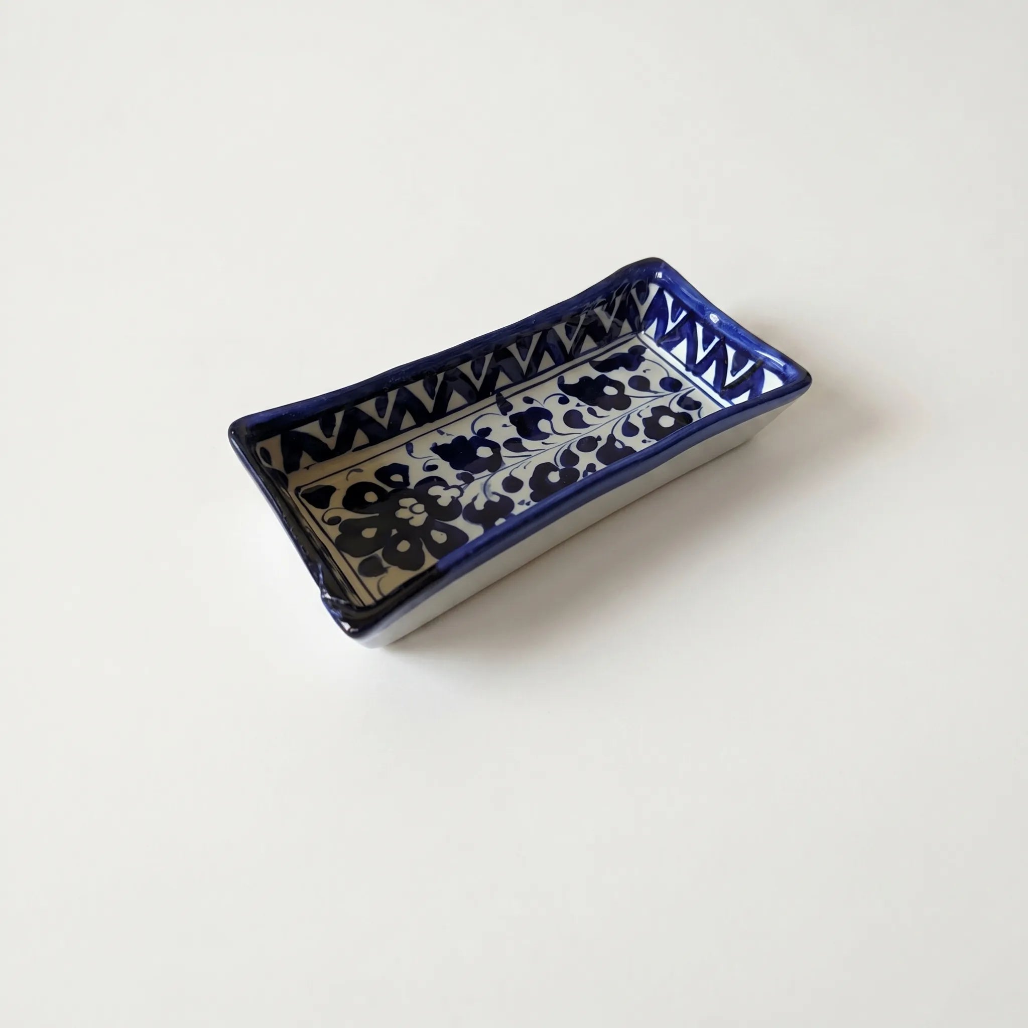 Multani Blue Pottery Rectangular Serving Dish – Hand-Painted Floral Snack Tray with Geometric Border (8 Inch)
