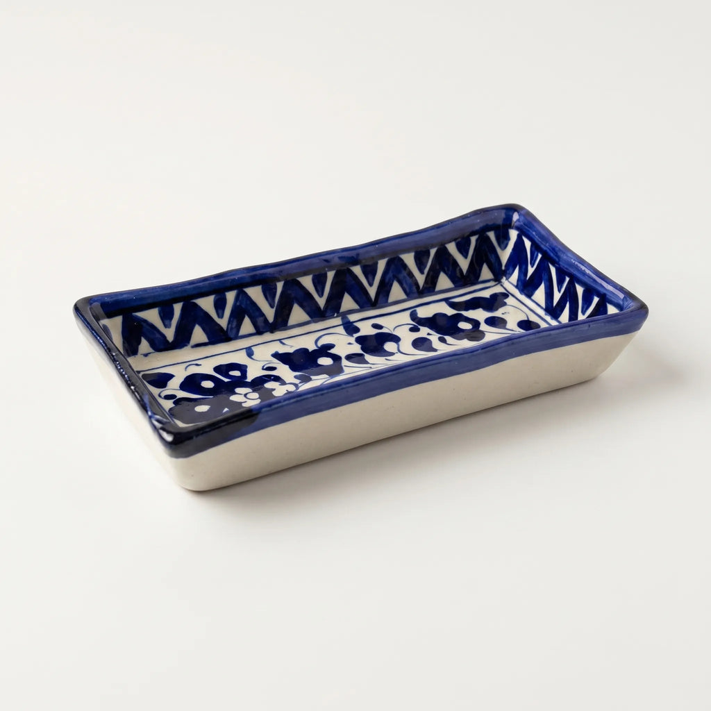 Multani Blue Pottery Rectangular Serving Dish – Hand-Painted Floral Snack Tray with Geometric Border (8 Inch)