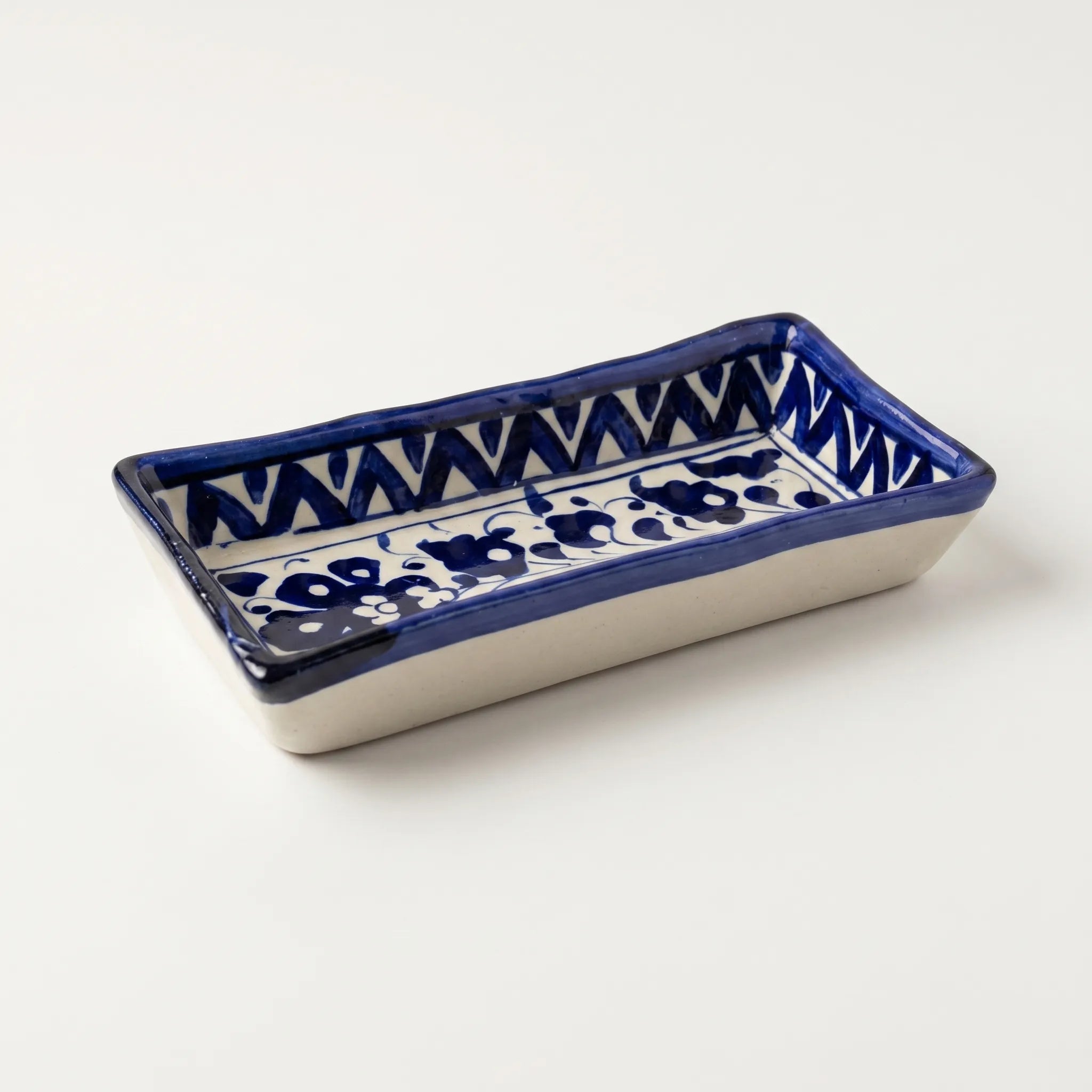 Multani Blue Pottery Rectangular Serving Dish – Hand-Painted Floral Snack Tray with Geometric Border (8 Inch)