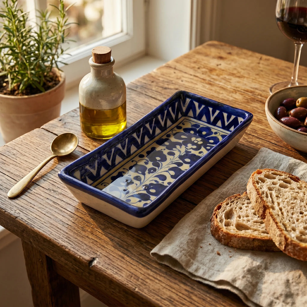 Multani Blue Pottery Rectangular Serving Dish – Hand-Painted Floral Snack Tray with Geometric Border (8 Inch)