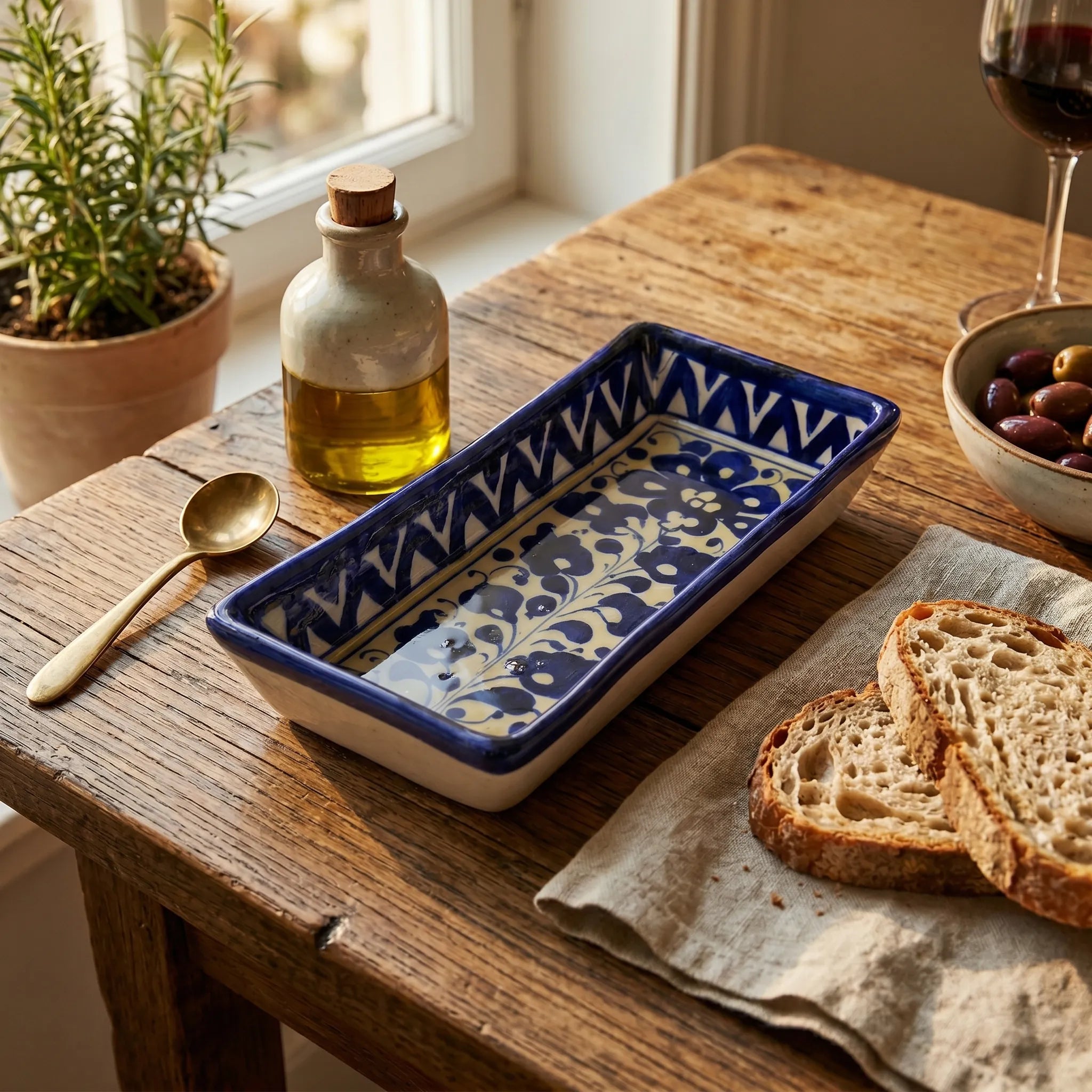 Multani Blue Pottery Rectangular Serving Dish – Hand-Painted Floral Snack Tray with Geometric Border (8 Inch)