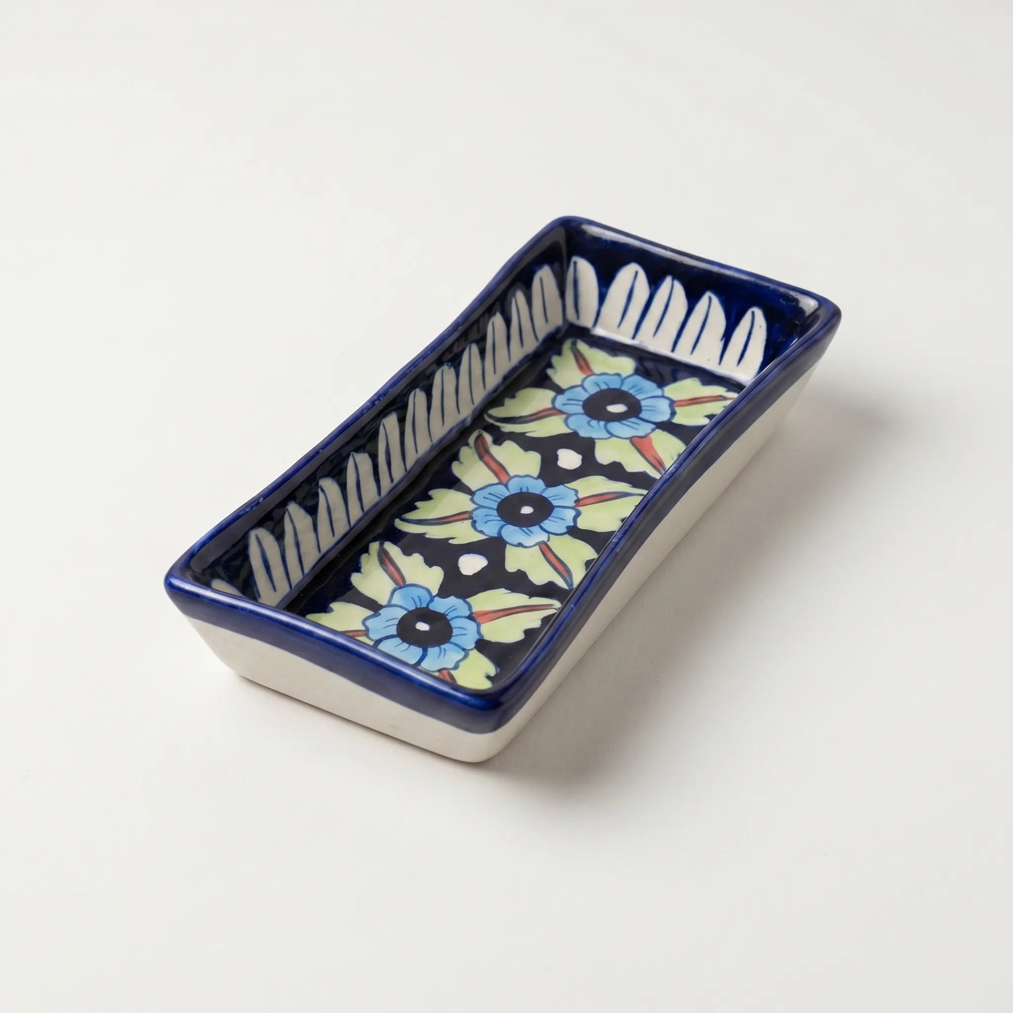 Multani Blue Pottery Rectangular Dish – Hand-Painted Floral Snack Tray (8 Inch, Multicolor Accent)