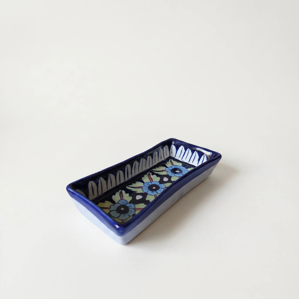 Multani Blue Pottery Rectangular Dish – Hand-Painted Floral Snack Tray (8 Inch, Multicolor Accent)