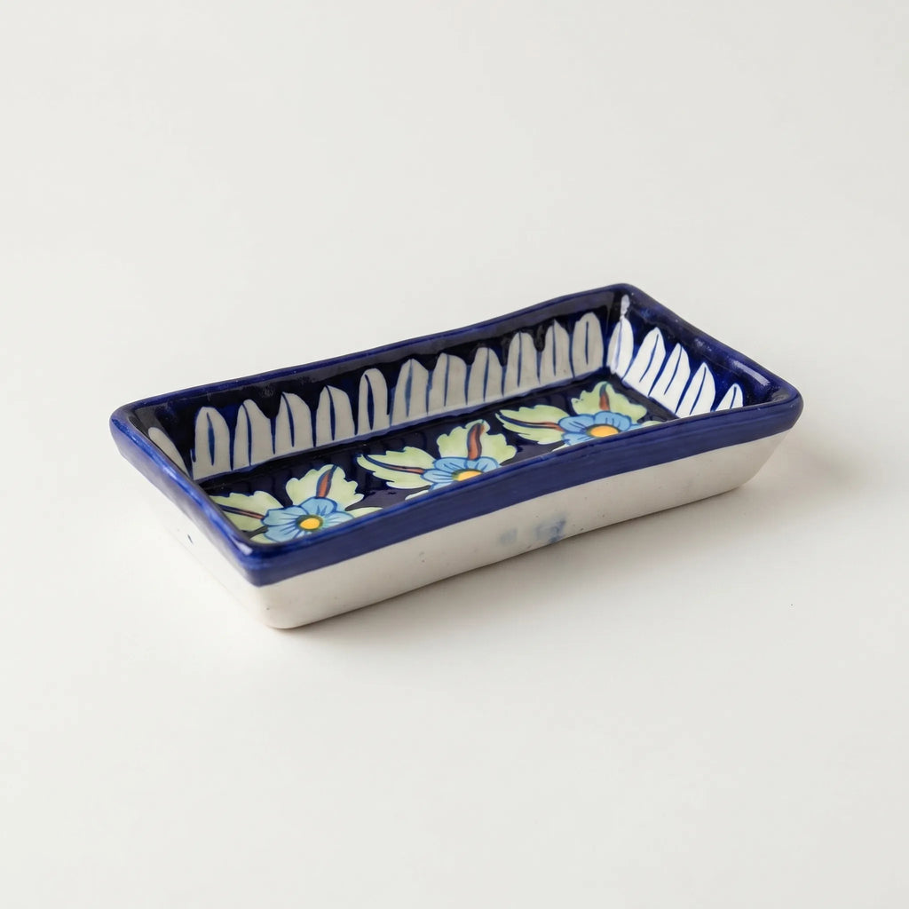 Multani Blue Pottery Rectangular Dish – Hand-Painted Floral Snack Tray (8 Inch, Multicolor Accent)