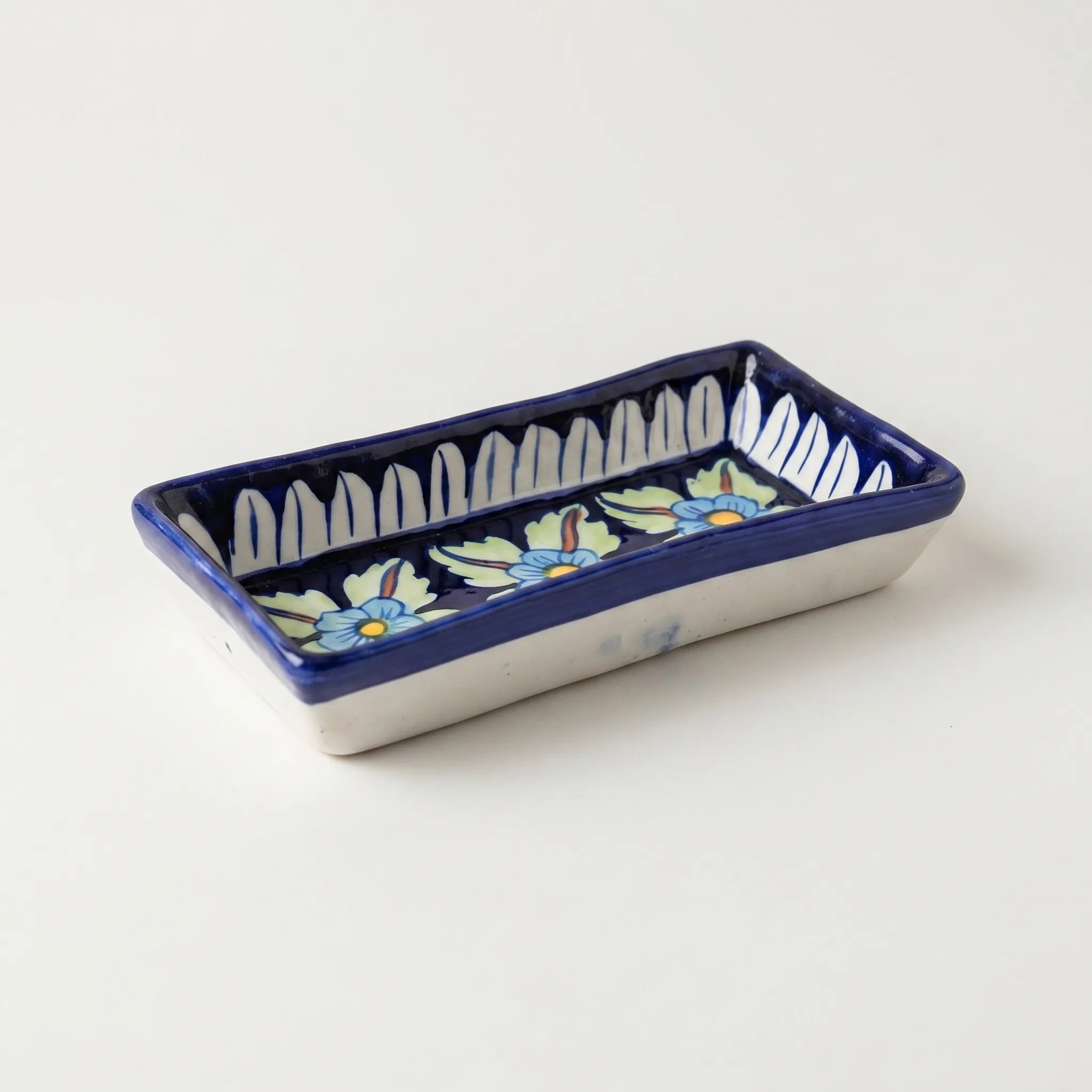 Multani Blue Pottery Rectangular Dish – Hand-Painted Floral Snack Tray (8 Inch, Multicolor Accent)