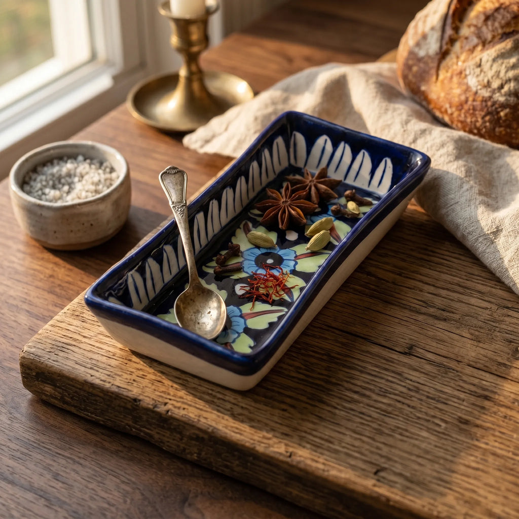 Multani Blue Pottery Rectangular Dish – Hand-Painted Floral Snack Tray (8 Inch, Multicolor Accent)