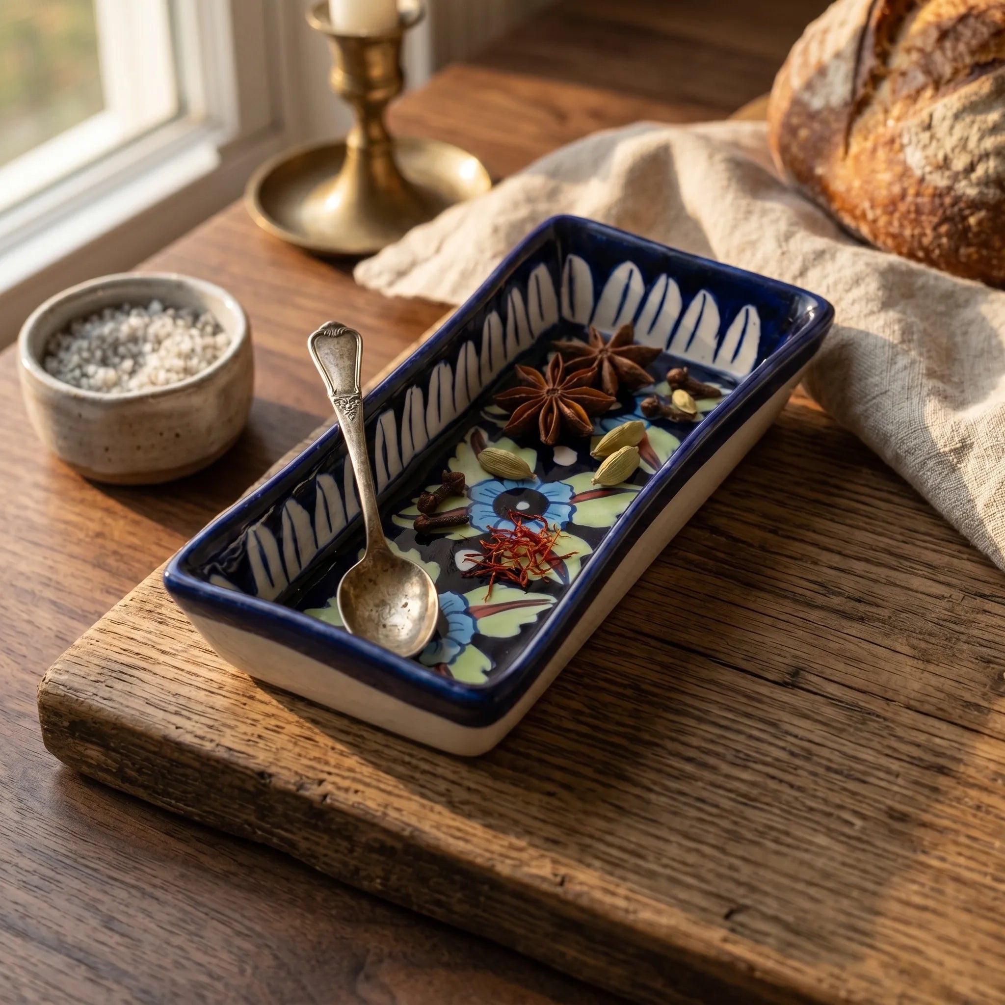 Multani Blue Pottery Rectangular Dish – Hand-Painted Floral Snack Tray (8 Inch, Multicolor Accent)