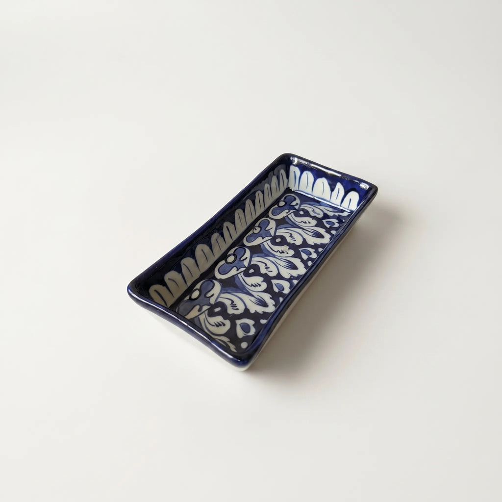 Multani Blue Pottery Rectangular Dish – Hand-Painted Floral Snack Tray (8 Inch, Deep Blue Classic)