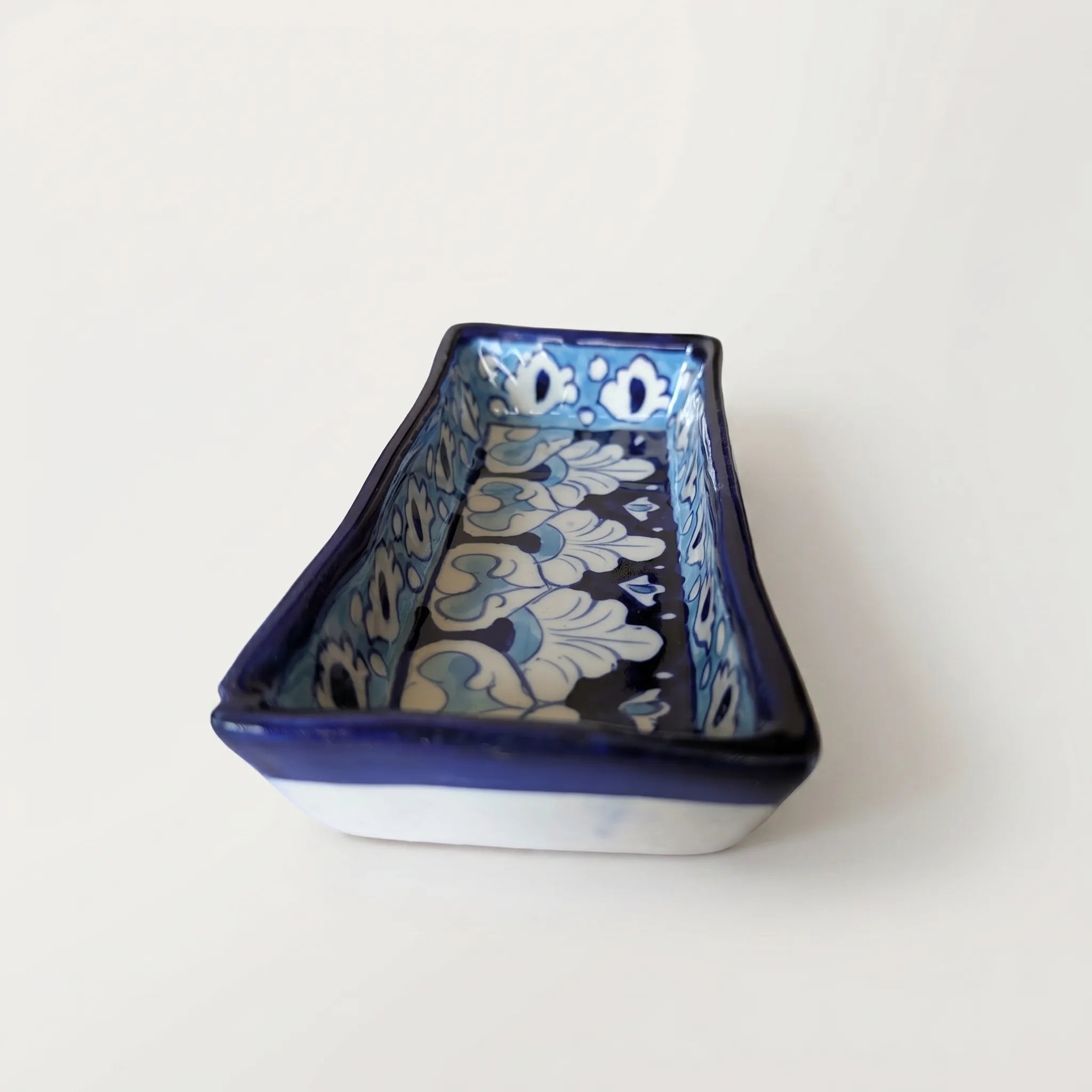 Multani Blue Pottery Rectangular Dish – Hand-Painted Floral Snack Tray (8 Inch, Light Blue Accent)