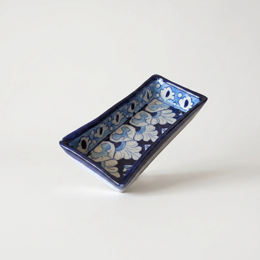 Multani Blue Pottery Rectangular Dish – Hand-Painted Floral Snack Tray (8 Inch, Light Blue Accent)