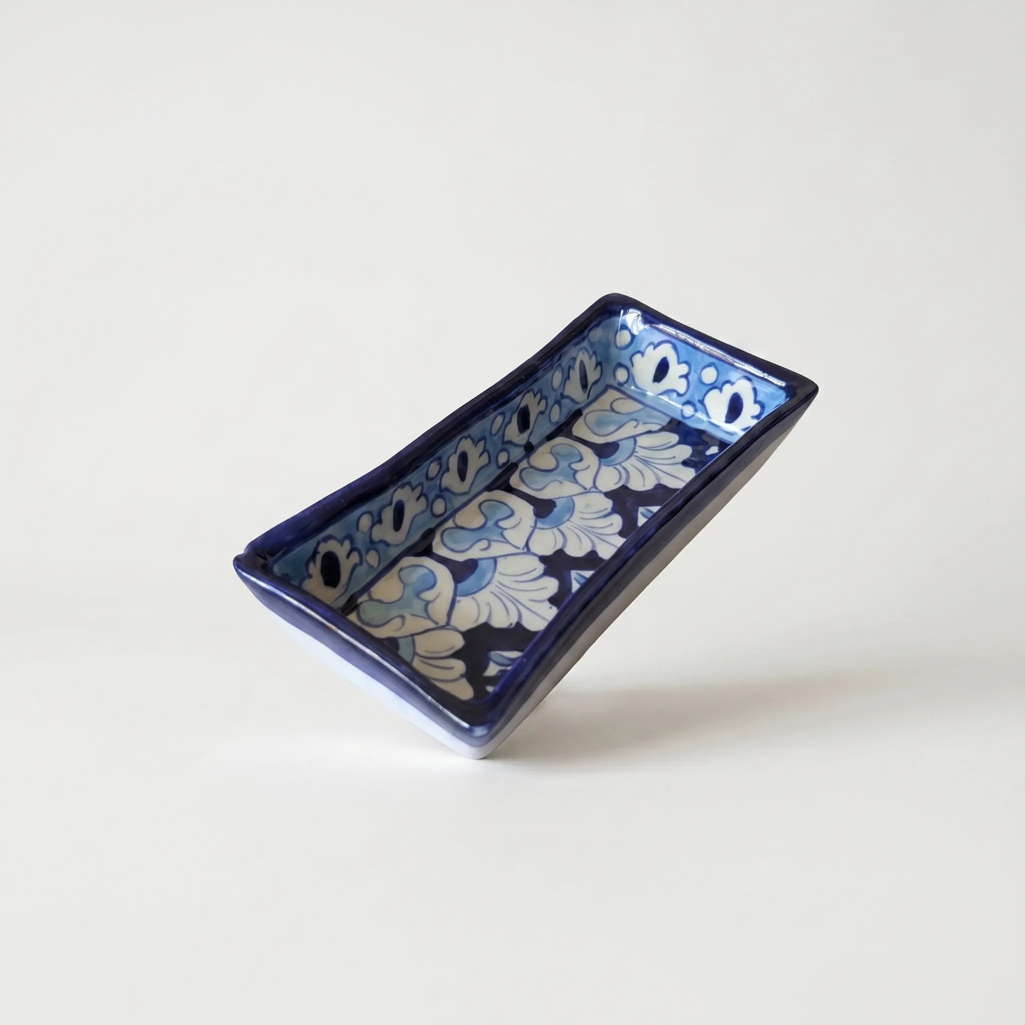 Multani Blue Pottery Rectangular Dish – Hand-Painted Floral Snack Tray (8 Inch, Light Blue Accent)