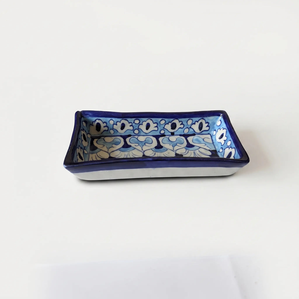 Multani Blue Pottery Rectangular Dish – Hand-Painted Floral Snack Tray (8 Inch, Light Blue Accent)