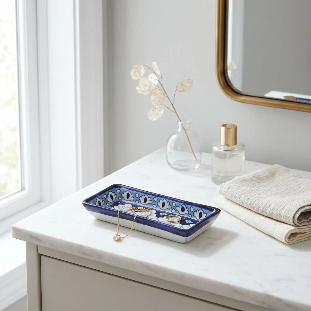 Multani Blue Pottery Rectangular Dish – Hand-Painted Floral Snack Tray (8 Inch, Light Blue Accent)